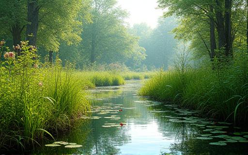 A vibrant, restored wetland with diverse plant life and clear water.