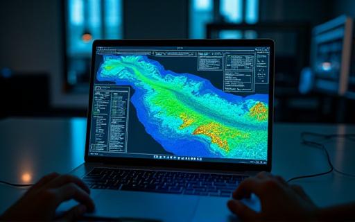 A computer screen showing a 3D hydrological model of a river system.