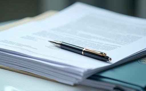 A stack of official documents with a pen, symbolizing legal and regulatory work.